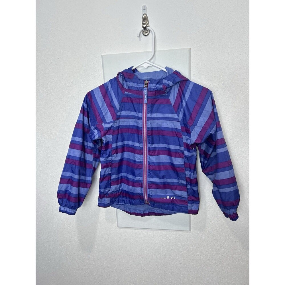 L.L.Bean Jacket Unisex Kids 5-6 Blue Striped Hooded Nylon Windbreaker Rain